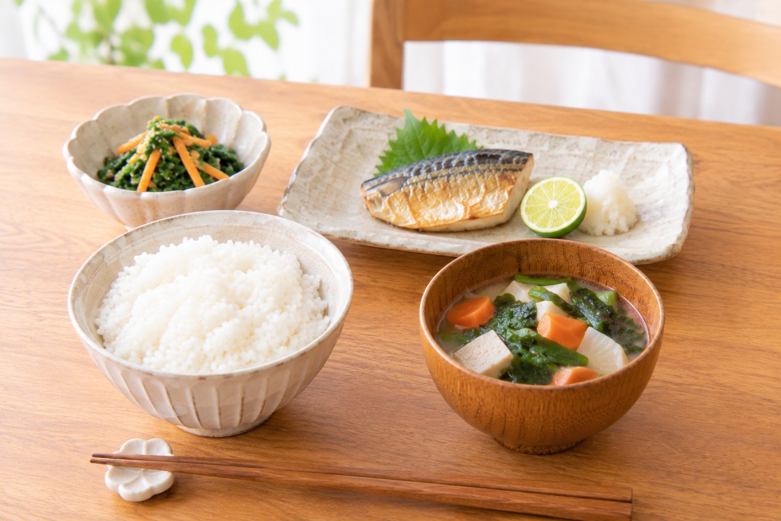 ごはん、具だくさんの味噌汁、焼き魚、和え物の一汁二菜の食卓
