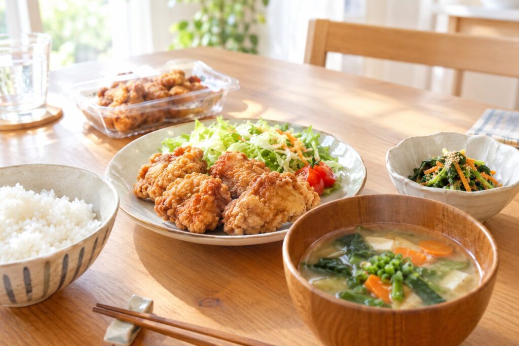お惣菜の唐揚げに野菜の副菜と具だくさんの味噌汁を合わせた食卓