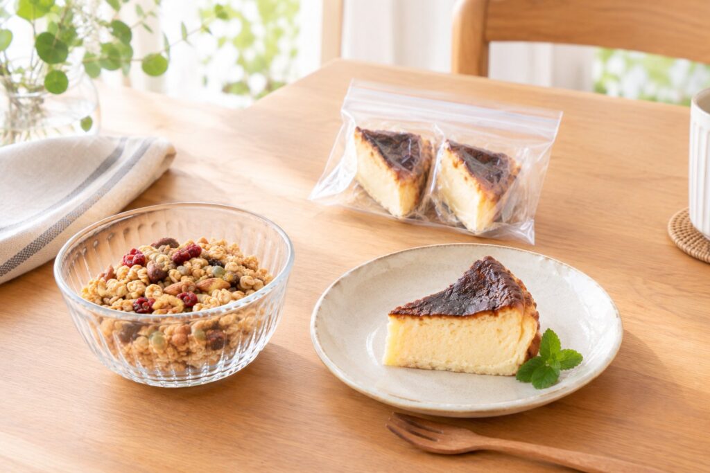 小分けにして保存袋に入れたバスクチーズケーキと、お皿のバスクチーズケーキ、グラノーラ
